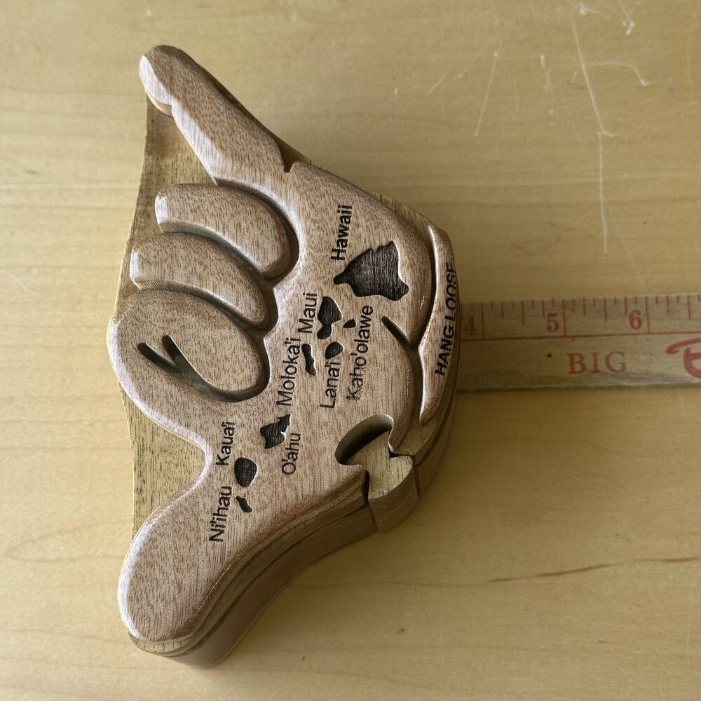 VTG Carved Wood Hawaii Hang Loose Hand Puzzle Box W Carved Islands Trinket Box - Picture 13 of 15